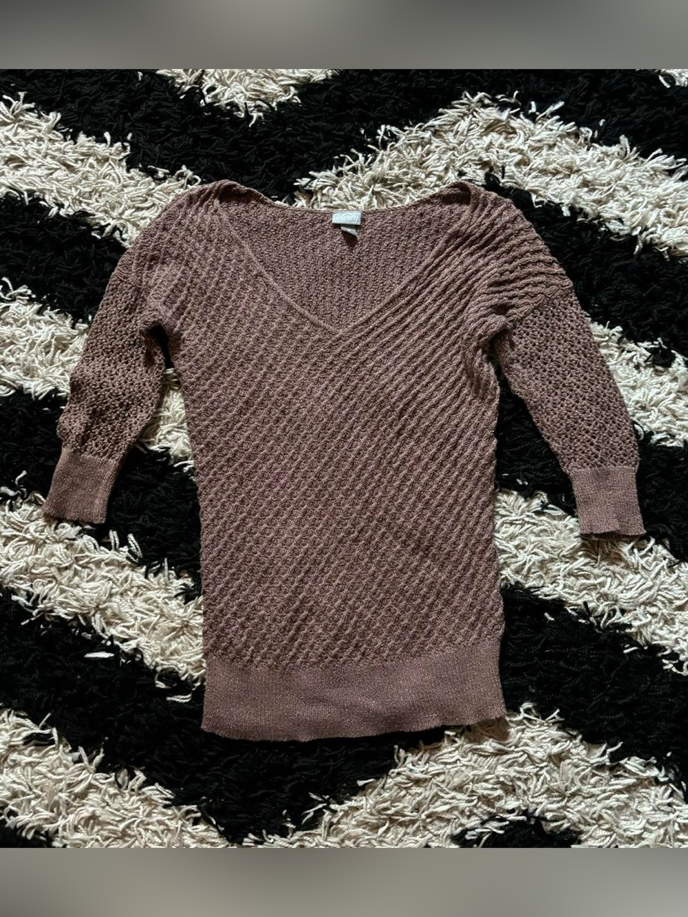 Vanity V-Neck Glittery Gold / Brown Half Sleeve Knit Sweater Women’s Small